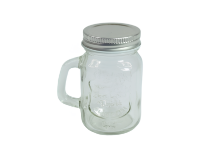 mini vaso tipo jarrita, de vidrio transparente con tapa