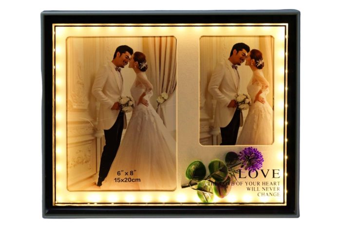 Marco Plateado Para Dos Fotos 20x25cm Luz Led Flor - Imagen 2