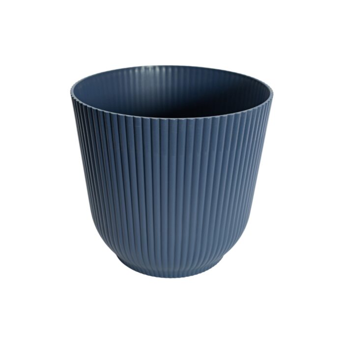 Maceta plástica acanalada color azul de 16x14.6 cm con diseño moderno