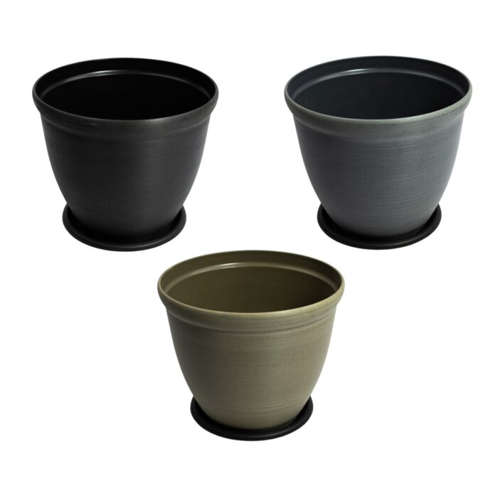 Conjunto de tres maceteros plásticos elegantes de 22.5x20cm con platillo incluido en colores negro, gris antracita y verde oliva