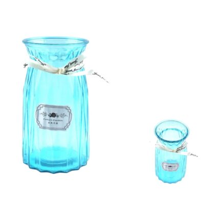 Elegante Jarrón de Vidrio Azul con Lazo Decorativo