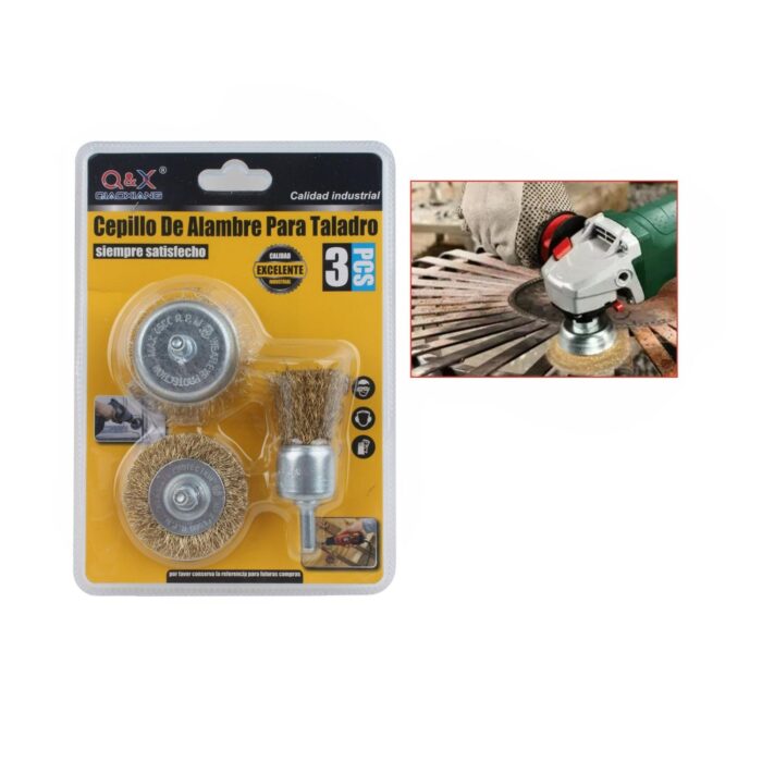 Cepillo de alambre de acero con escuadra + cabezal de esmeril 3 piezas - Imagen 1