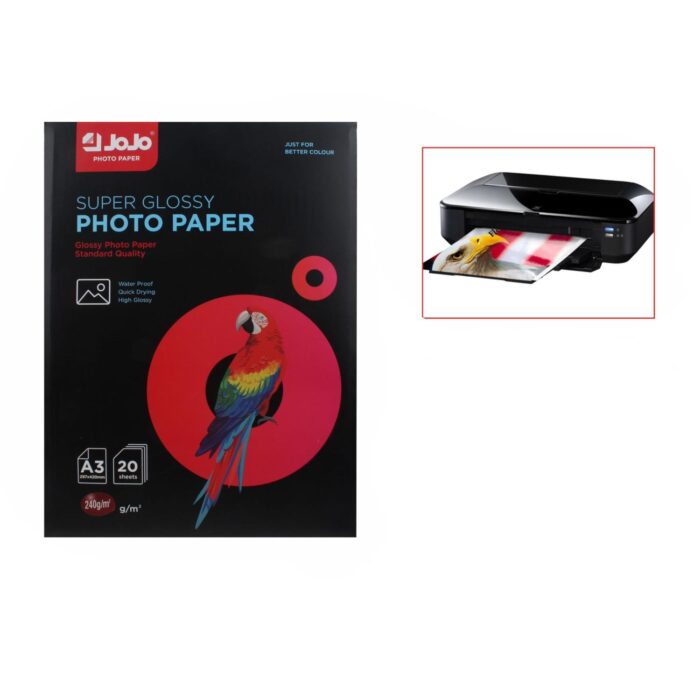 Papel fotografico brillante de una cara, 240g, caja de colores A3, 20 hojas, con letra JOJO - Imagen 1