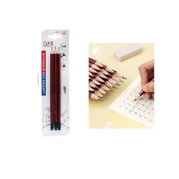 Pack 3 Lápices Grafito Con Borrador Hb - Imagen 1