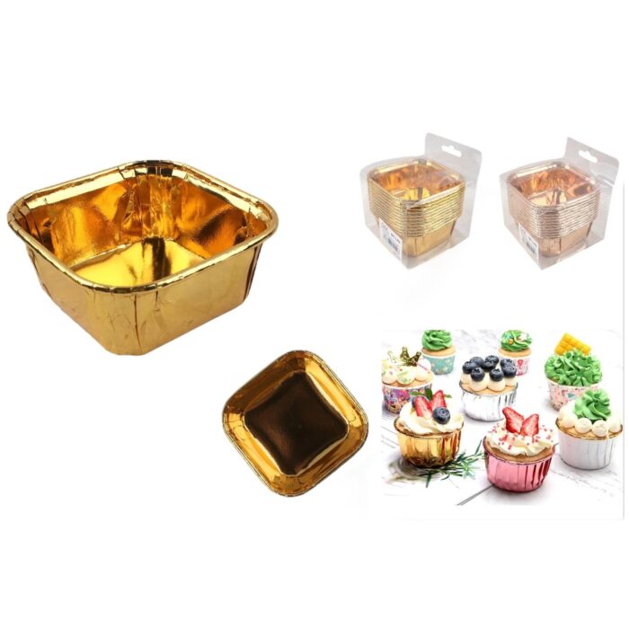 Taza Para Pastel Enrollada En Oro De Doble Cara Cuadrada De 6,5*6,5*3,5 Cm En Caja + Agujero Para Av - Imagen 1