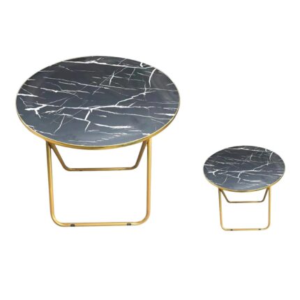 Mesa Plegable Redonda Con Diseño De Mármol Negro, 70X70Cm, Marco Dorado